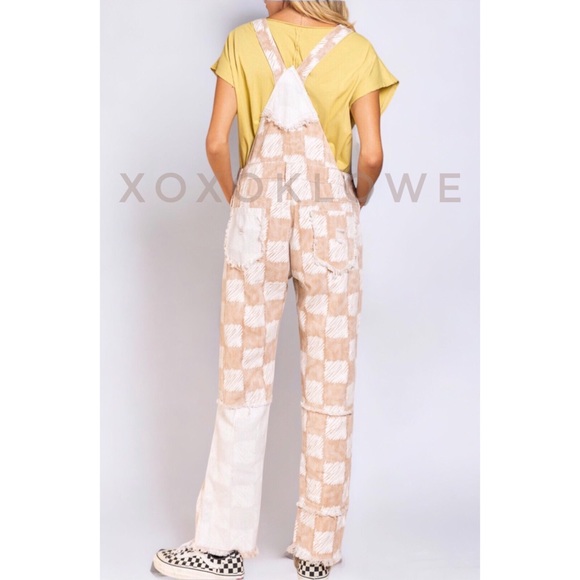 POL Beige & White Checkered Distressed Relaxed Fit Denim Overalls - Picture 12 of 16